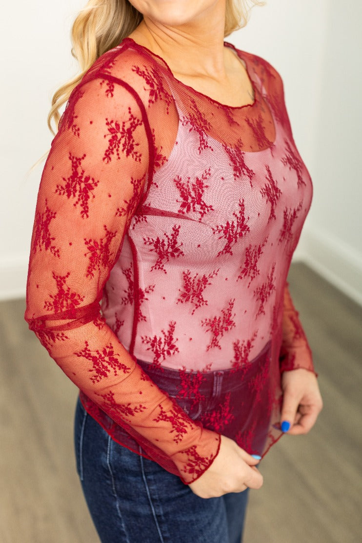 Lace Long-sleeve Top, Red