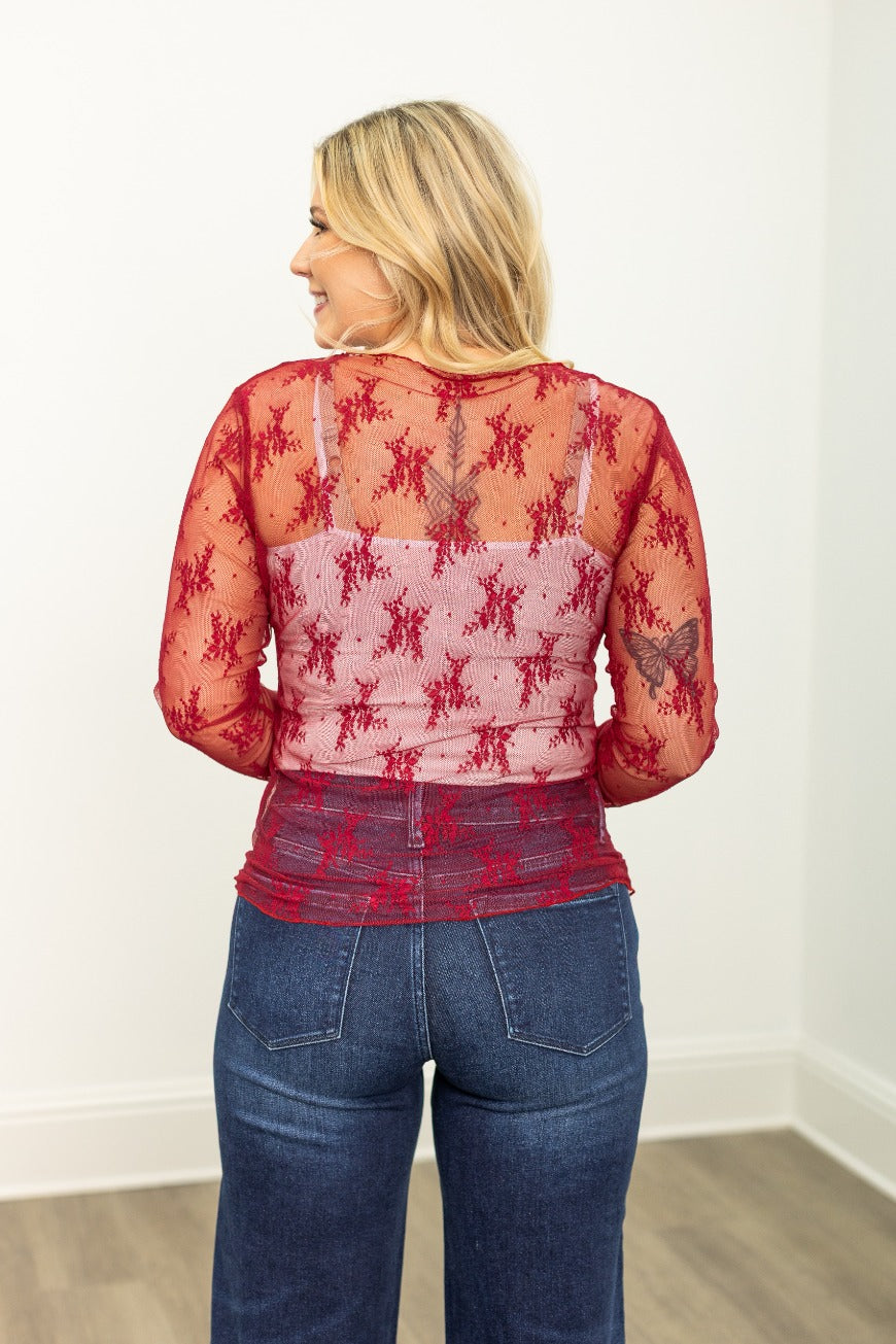 Lace Long-sleeve Top, Red