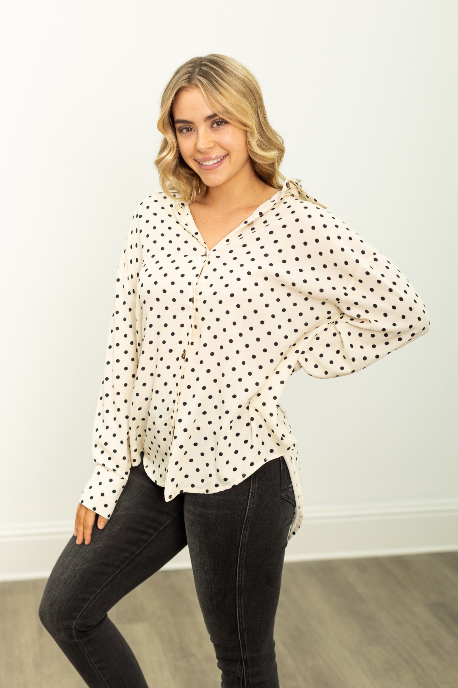 Kathryn Classic Button-Up, Ivory Polka-Dot