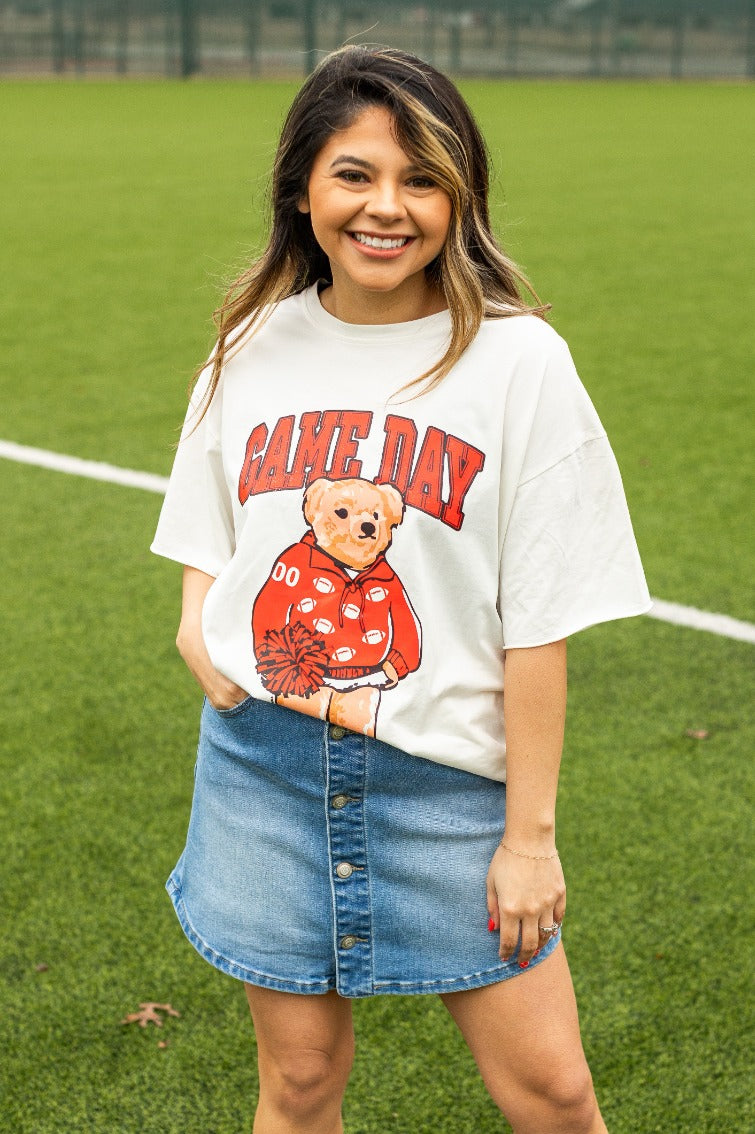 Game Day Bear on White Tee Shirt