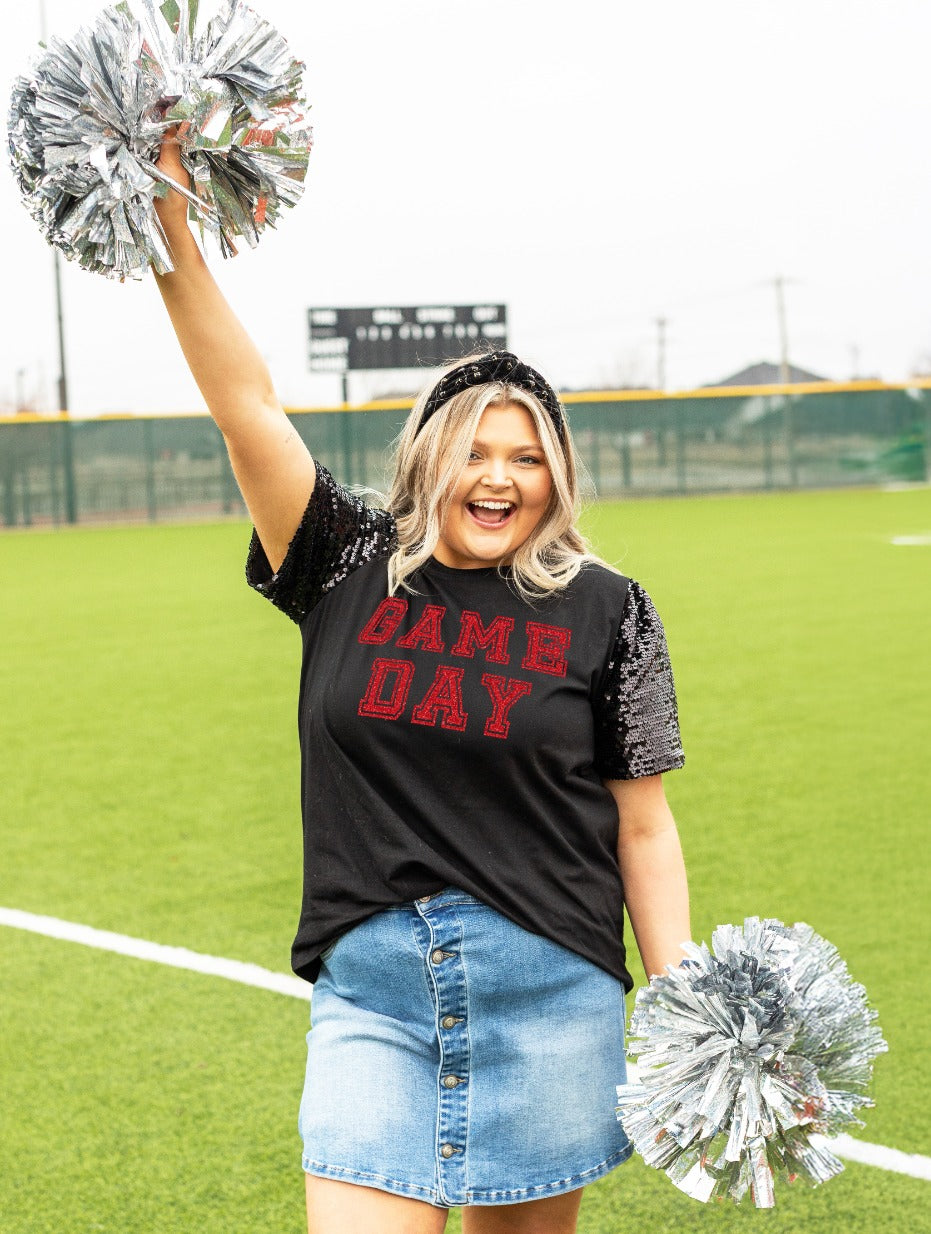 Gameday Red Glitter on Princess Top, Black