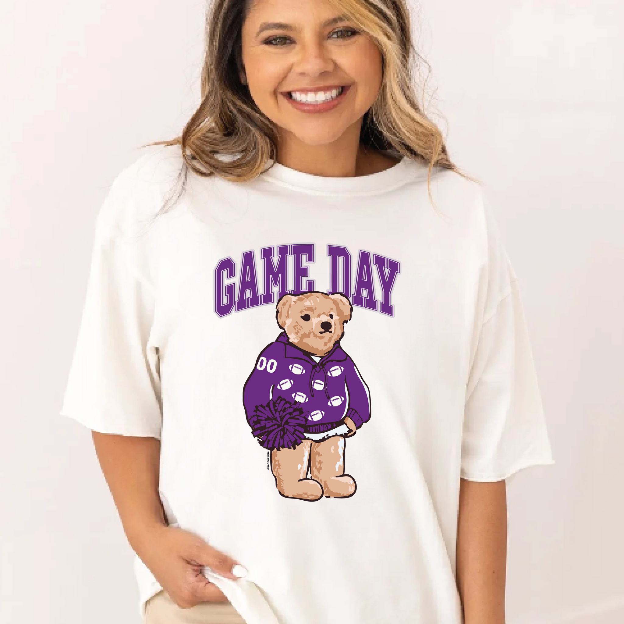 Purple Game Day Bear on White Tee Shirt