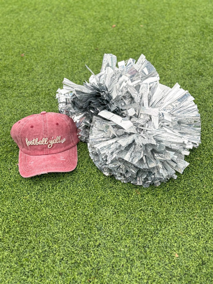 Cream Football Y'all Embroidery on Maroon Hat