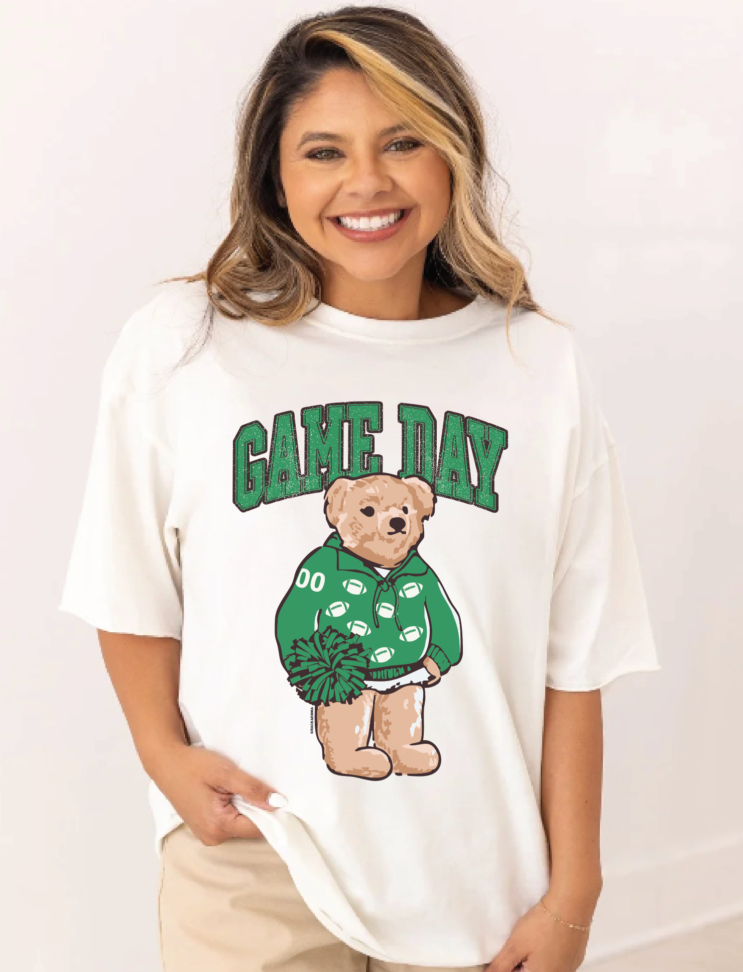 Green Game Day Bear on White Tee Shirt