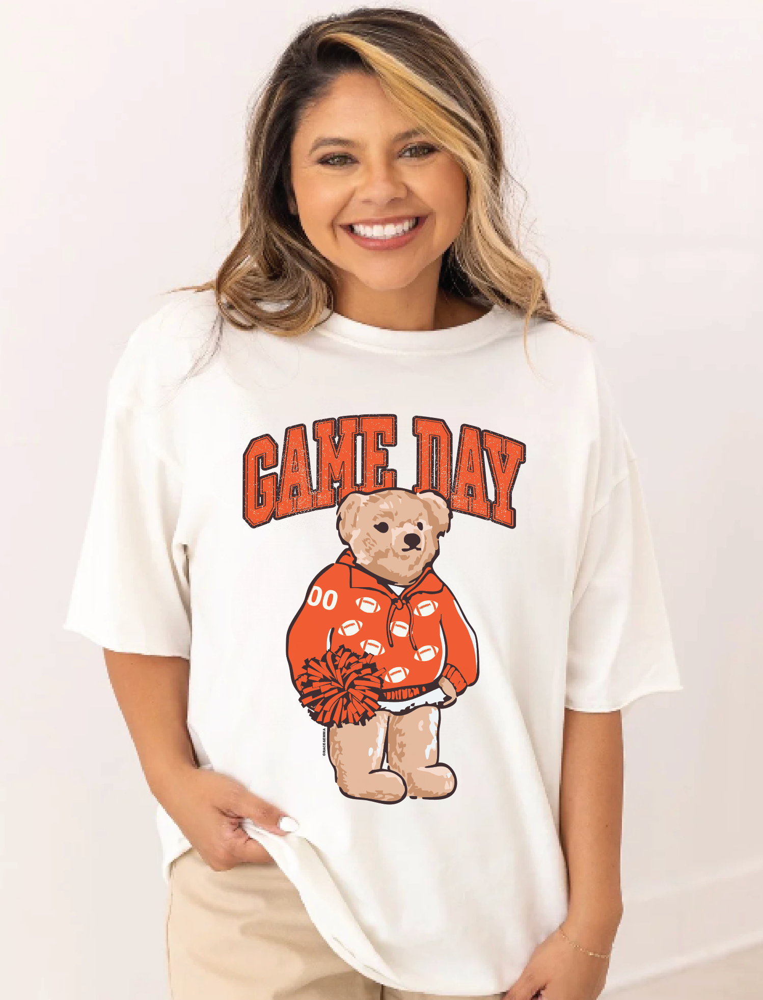 Orange Game Day Bear on White Tee Shirt
