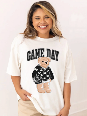 Black Game Day Bear on White Tee Shirt
