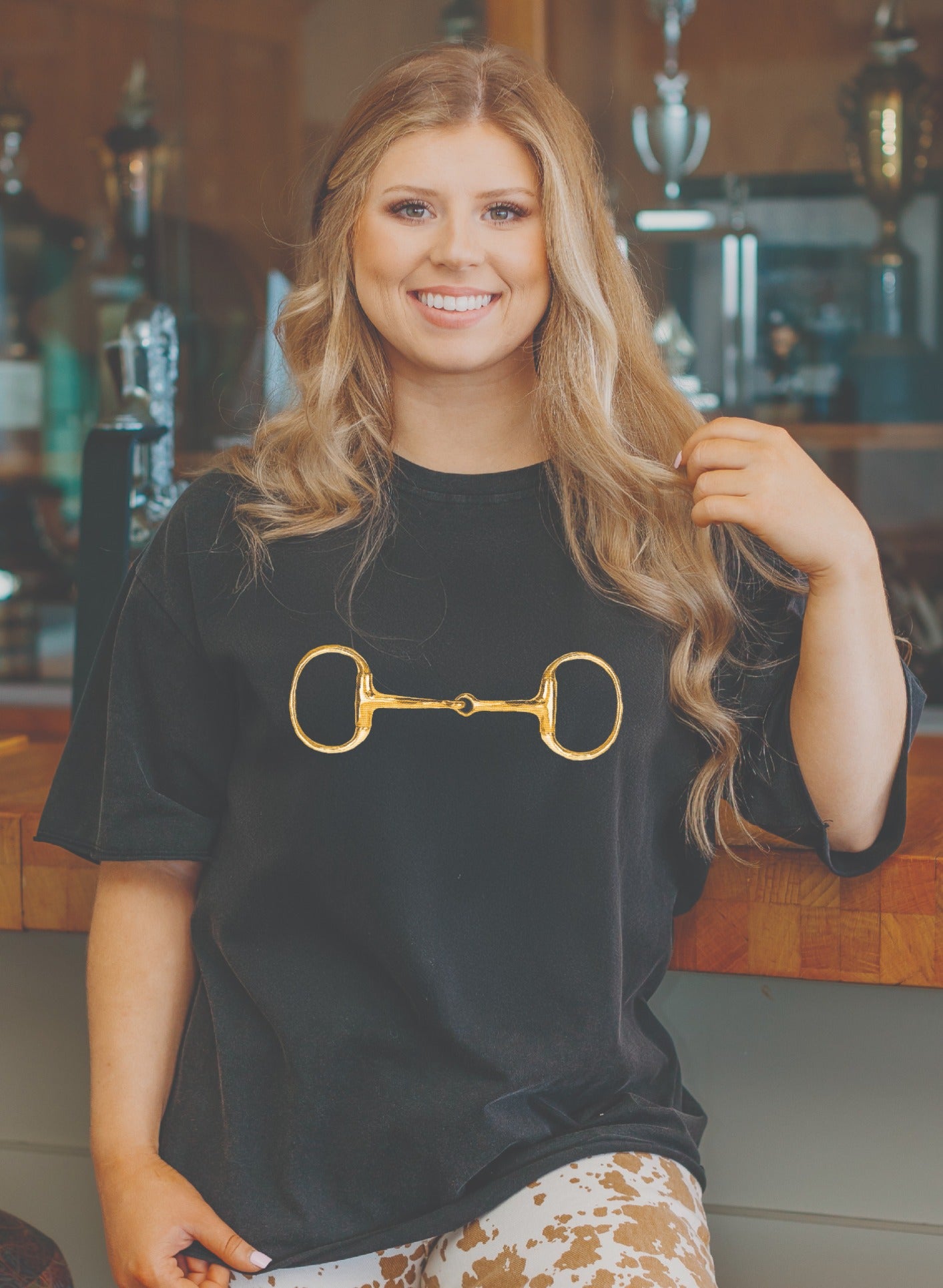 Gold Horse-Bit on Black Boxy Tee