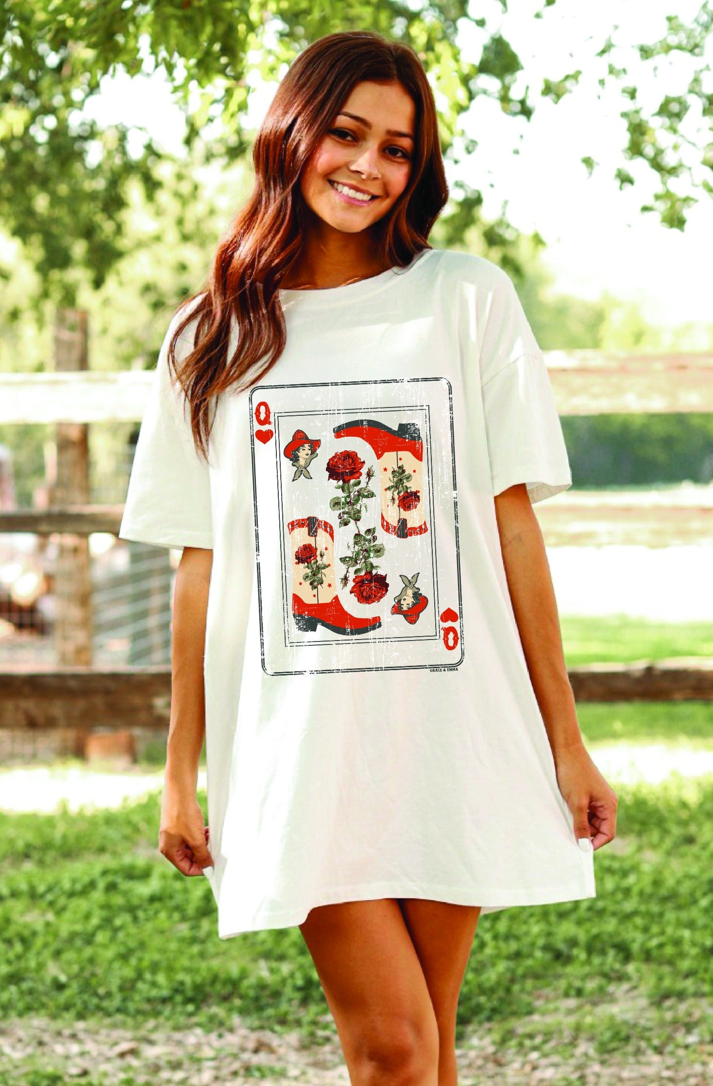 Queen of Hearts on White T-Shirt Dress