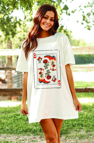 Queen of Hearts on White T-Shirt Dress