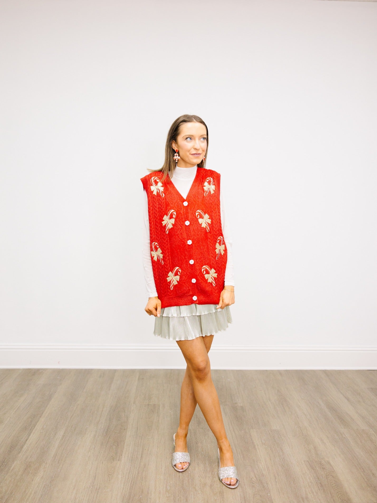 Red Shimmer Sweater Vest with Candy Cane Patches