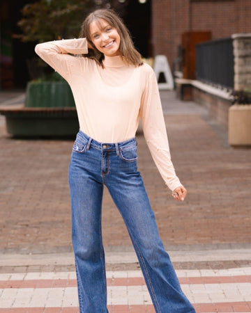 Mock Neck Mesh Top with Pearl Detail, Champagne