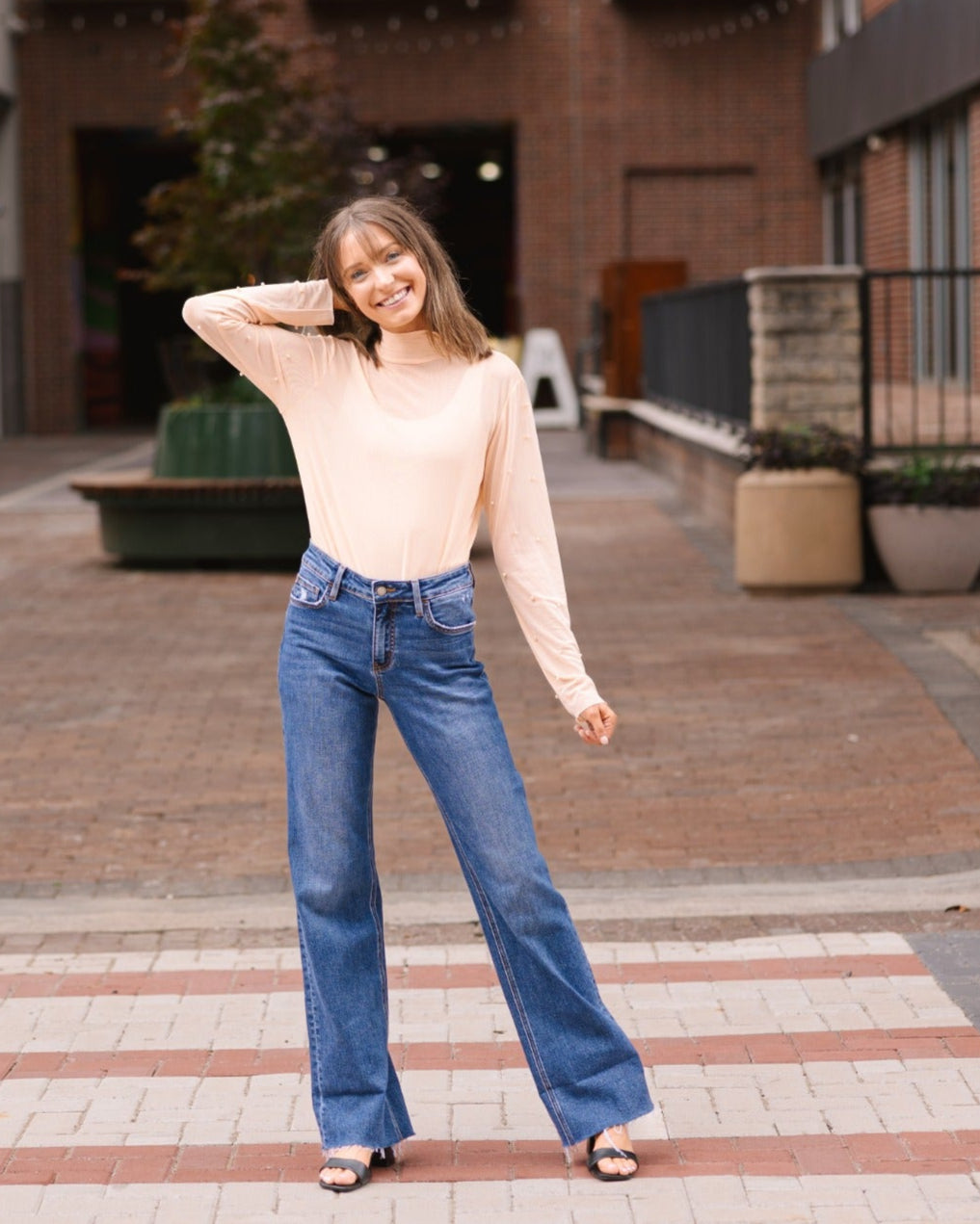 Mock Neck Mesh Top with Pearl Detail, Champagne