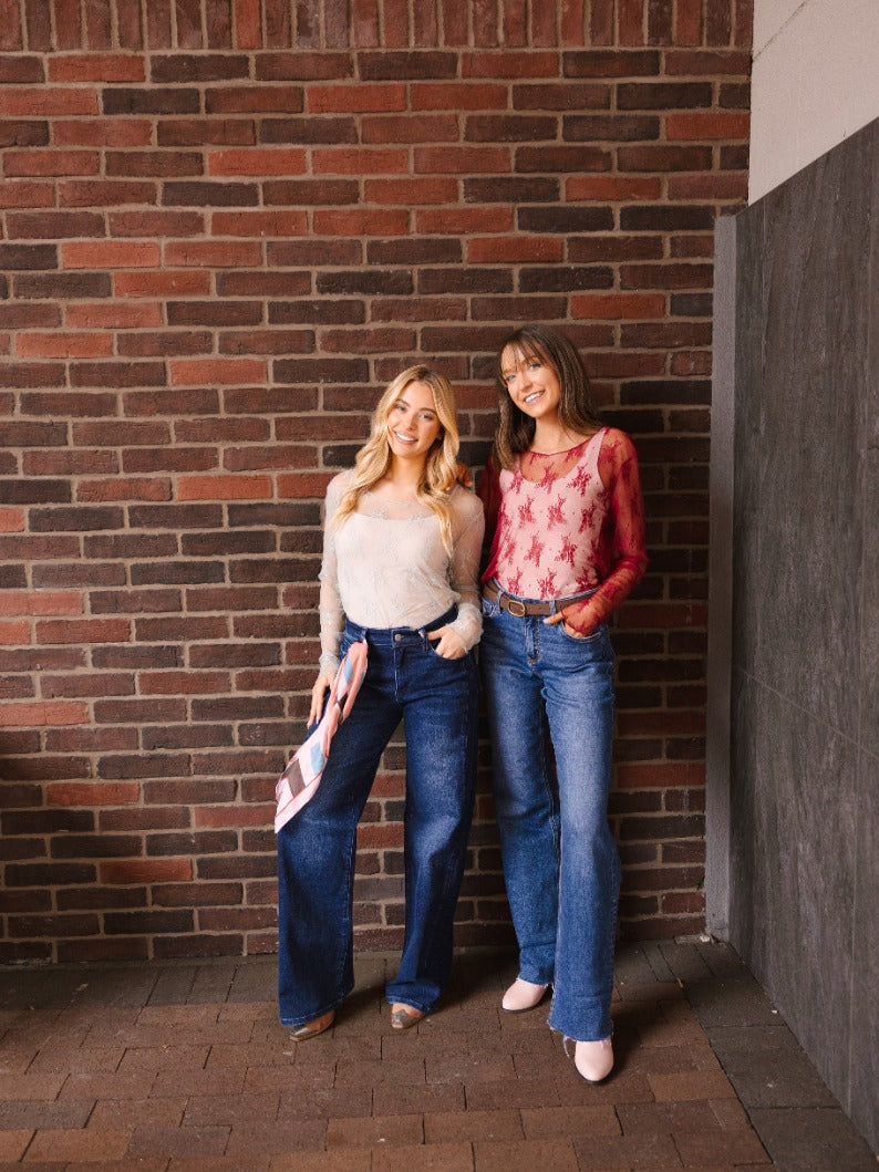 Lace Long-sleeve Top, Red