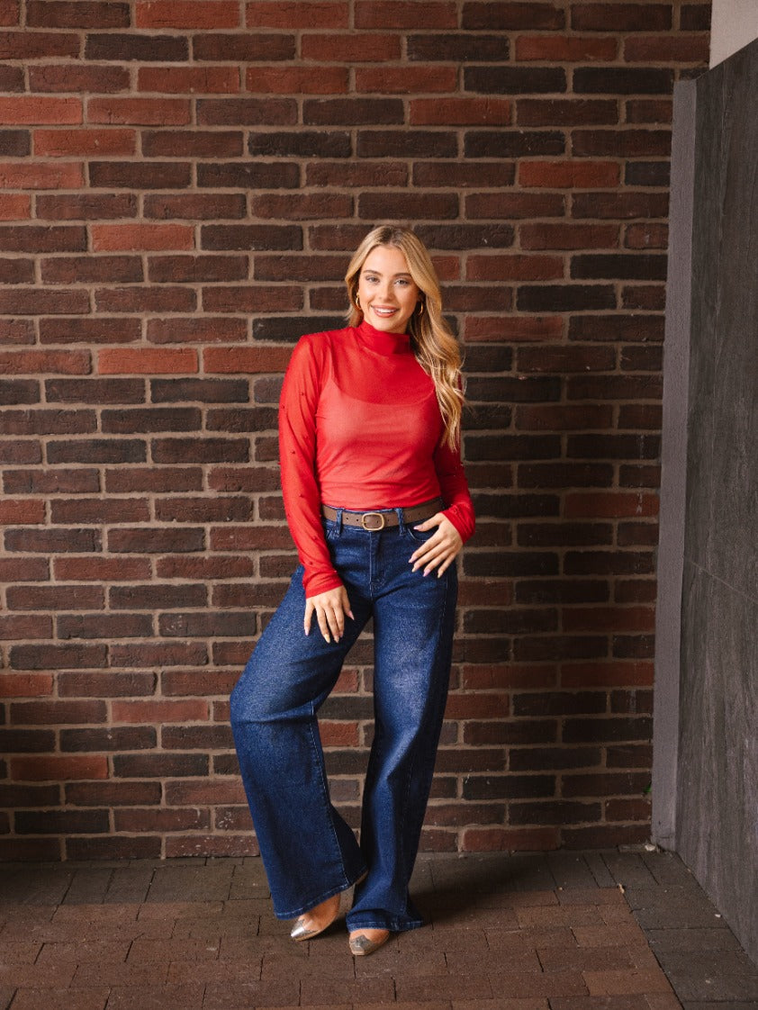 Mock Neck Mesh Top with Pearl Detail, Red