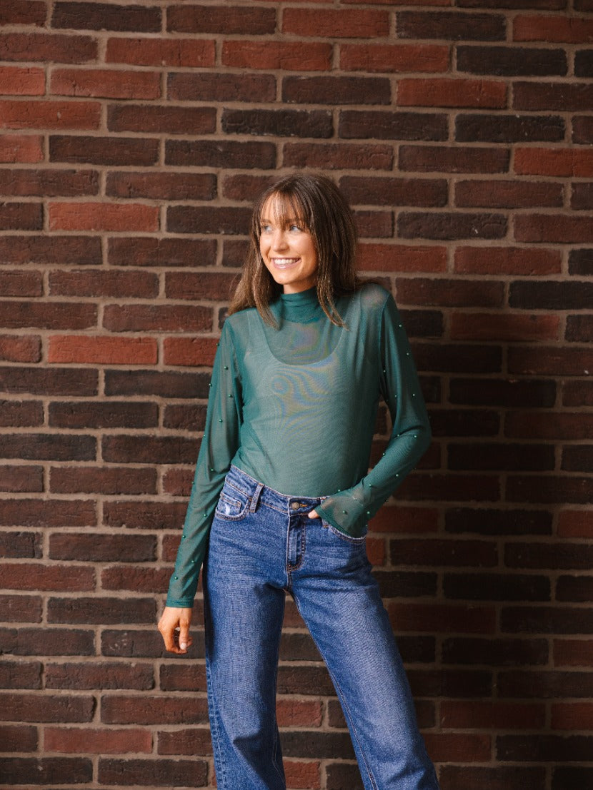 Mock Neck Mesh Top with Pearl Detail, Green
