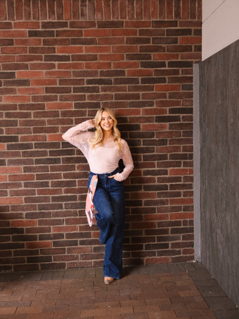 Lace Long-sleeve Top, Light Pink