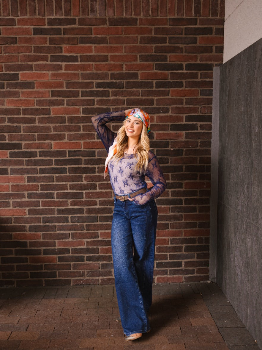 Lace Long-sleeve Top, Navy