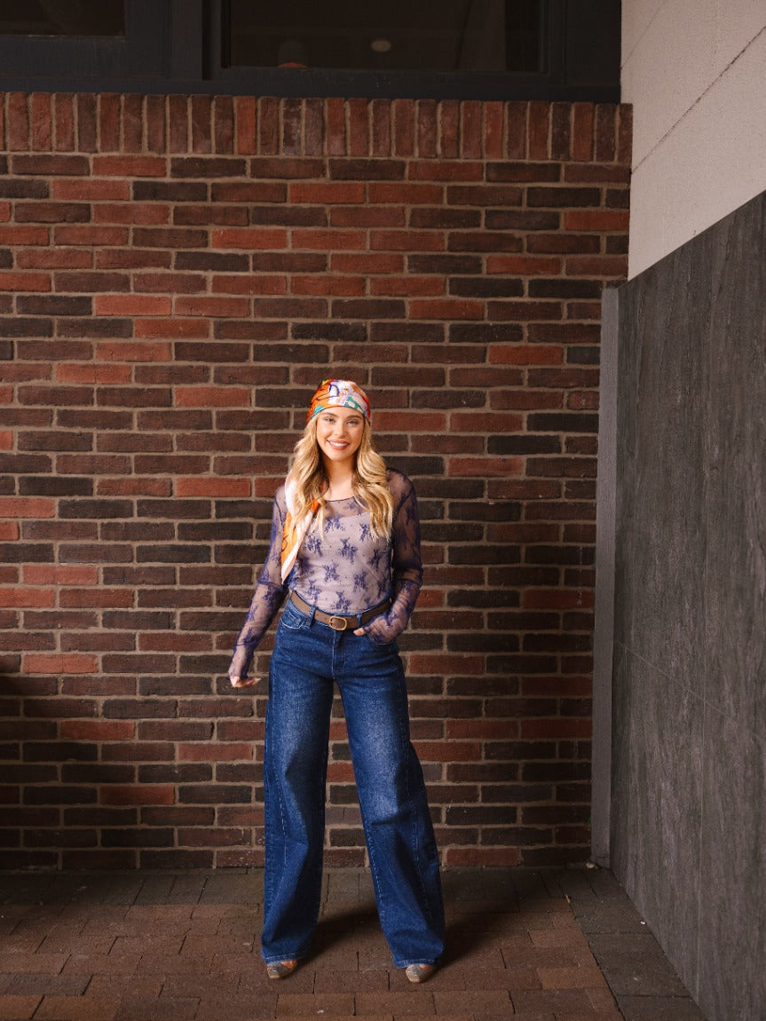 Lace Long-sleeve Top, Navy