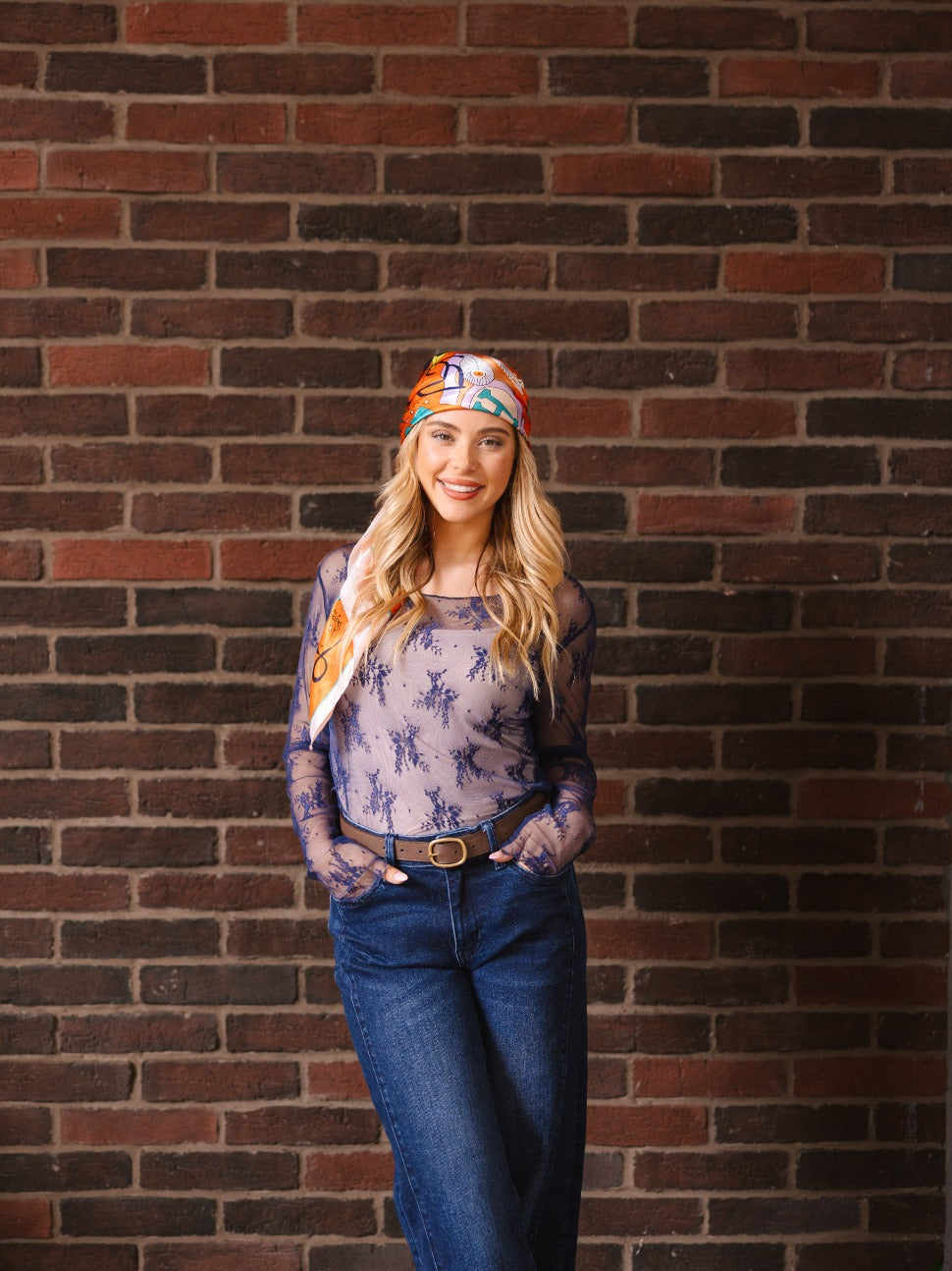 Lace Long-sleeve Top, Navy