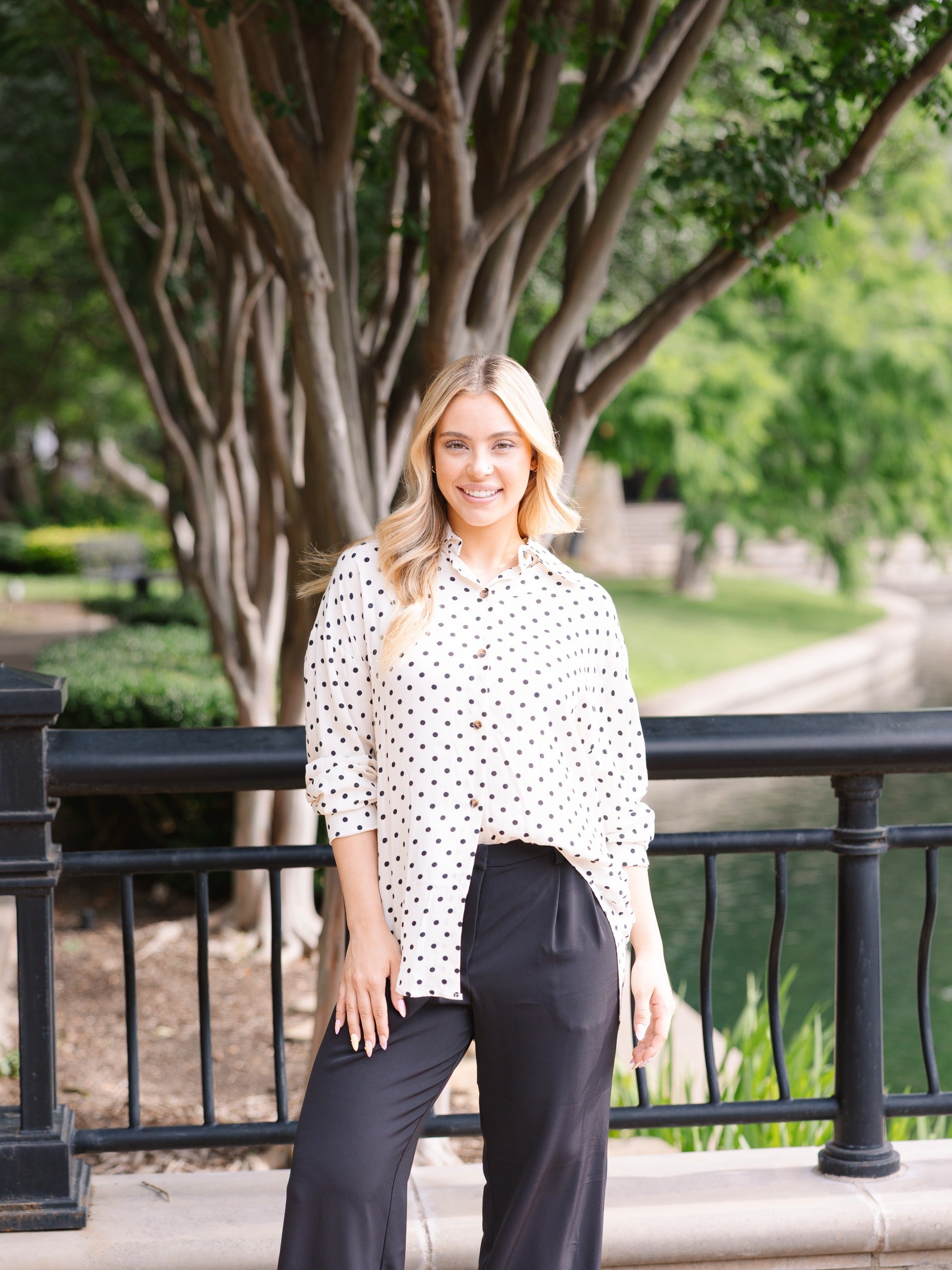 Kathryn Classic Button-Up, Ivory Polka-Dot