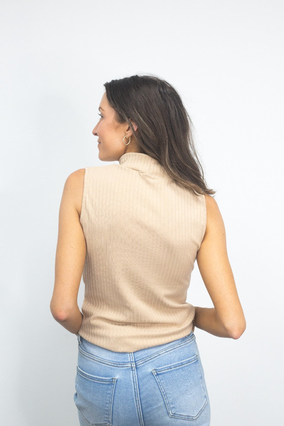 Sleeveless Ribbed Turtleneck, Tan