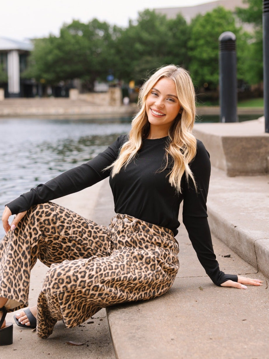 Ribbed Long-Sleeve Top, Black