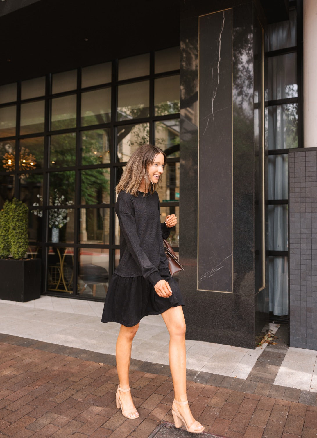 Waffle Knit Long-Sleeve Dress, Black