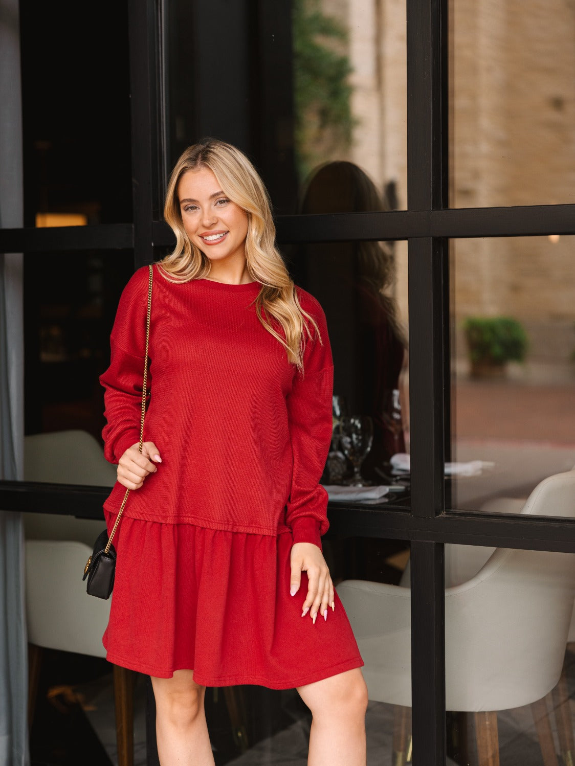Waffle Knit Long-Sleeve Dress, Red