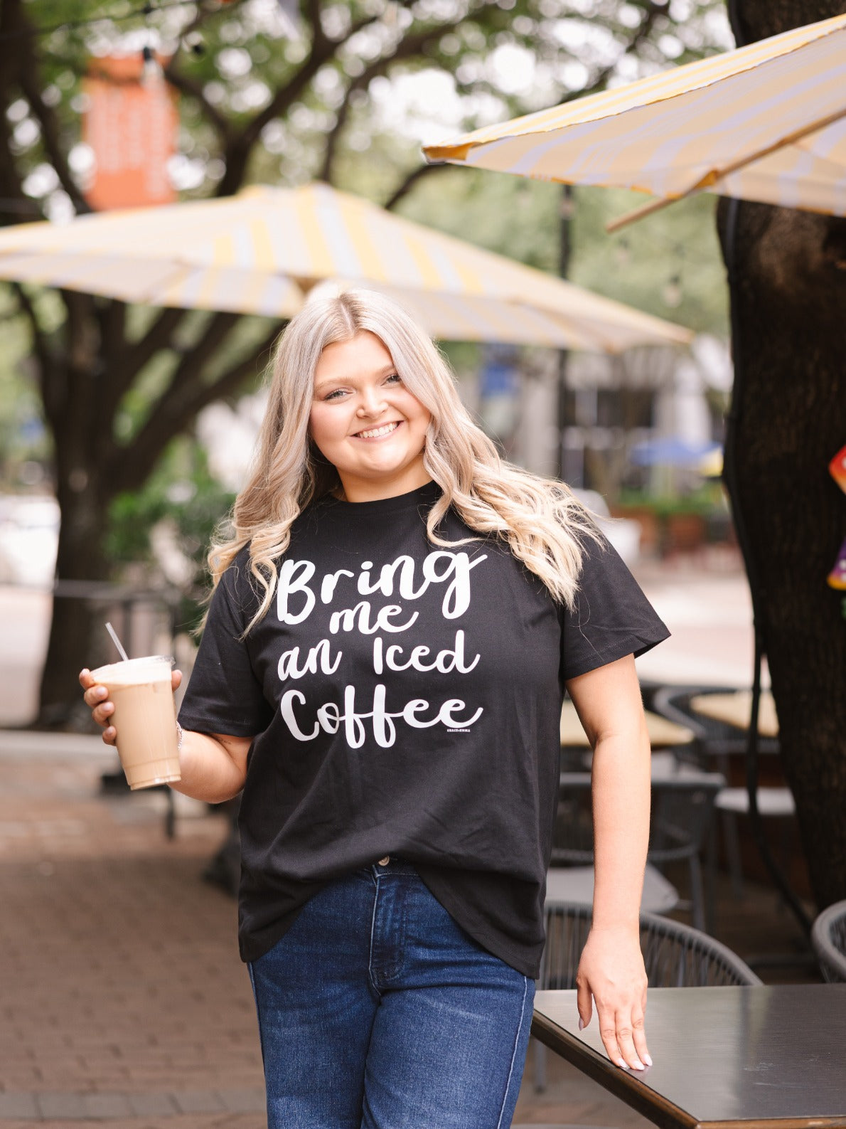 Bring Me an Iced Coffee on Black Tee Shirt Blank