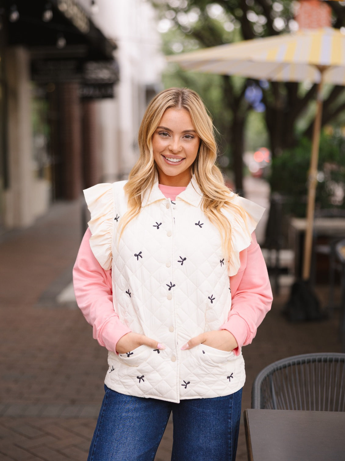 Quilted Puffer Vest with Bows, Ivory