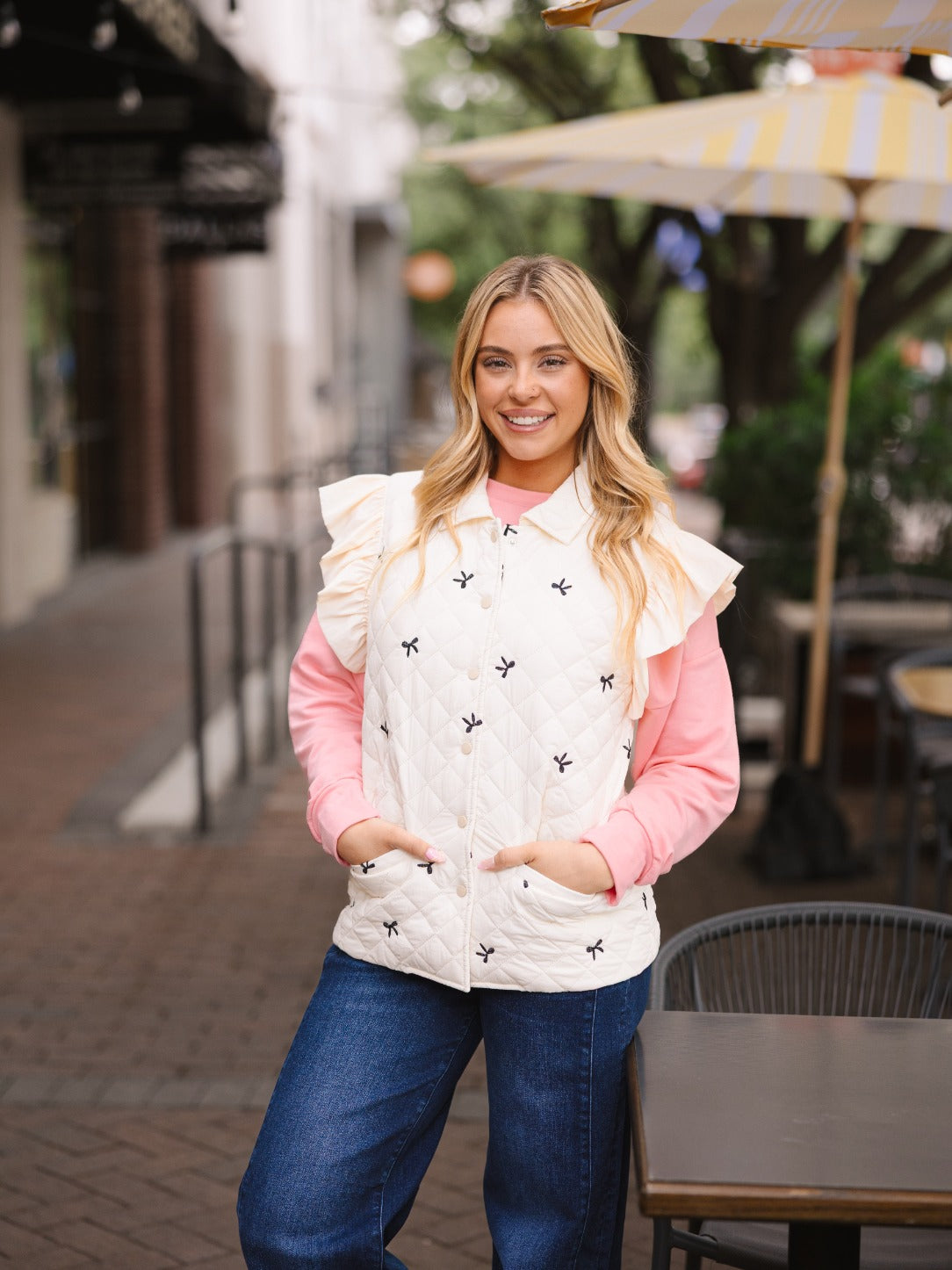 Quilted Puffer Vest with Bows, Ivory