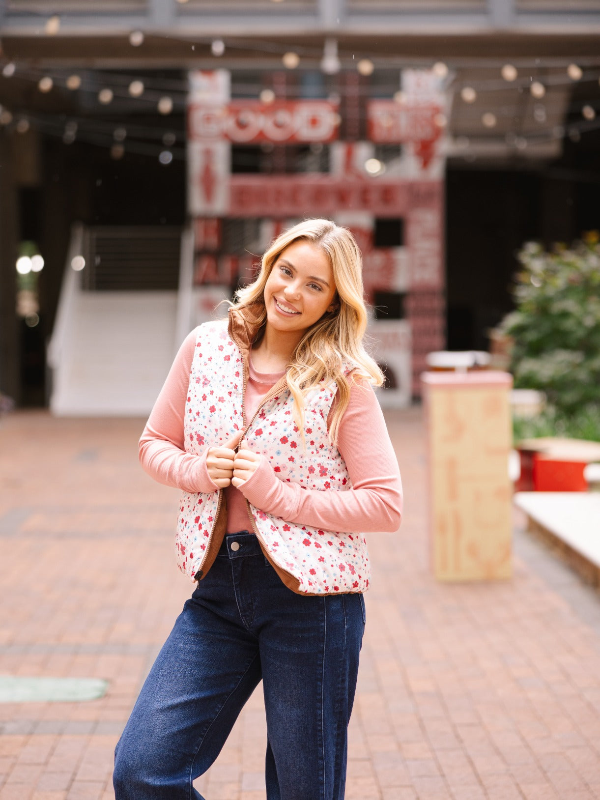 The Gillian Reversible Tan and Floral Puffer Vest