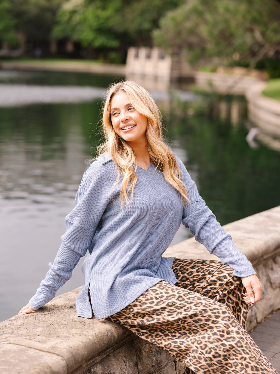 Waffle Knit Top, Blue