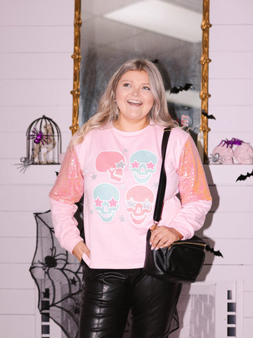 Candy Skull on Long-Sleeve Top, Pink