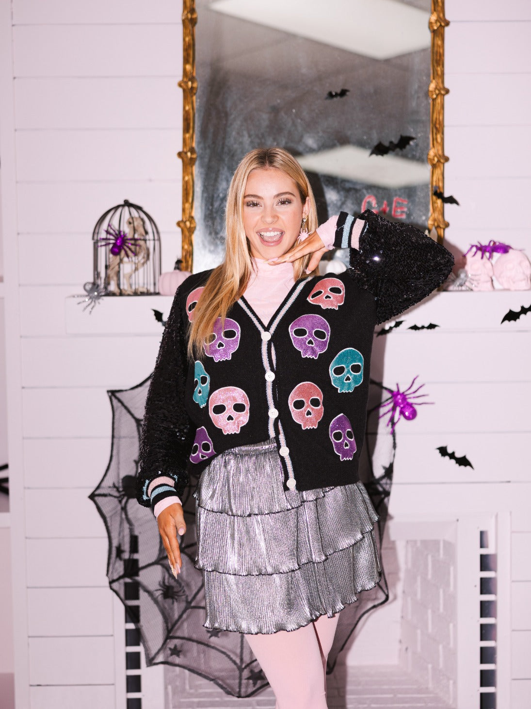 Glitter Skulls on Black Cardigan