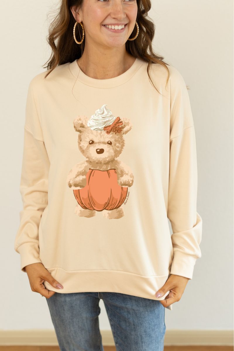 Teddy Pumpkin Spice on Microfleece Sweatshirt, Ivory