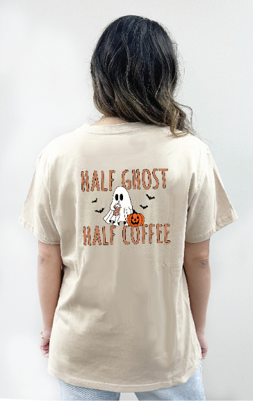 Half Ghost Half Coffee on Beige Tee Shirt