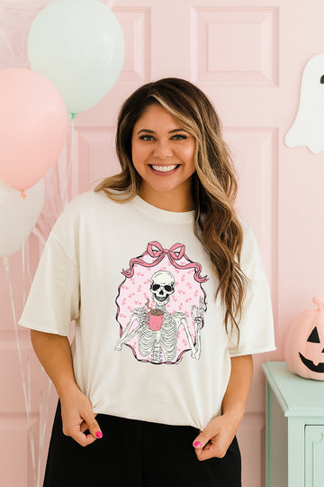 Coffee Skeleton on White Boxy Tee
