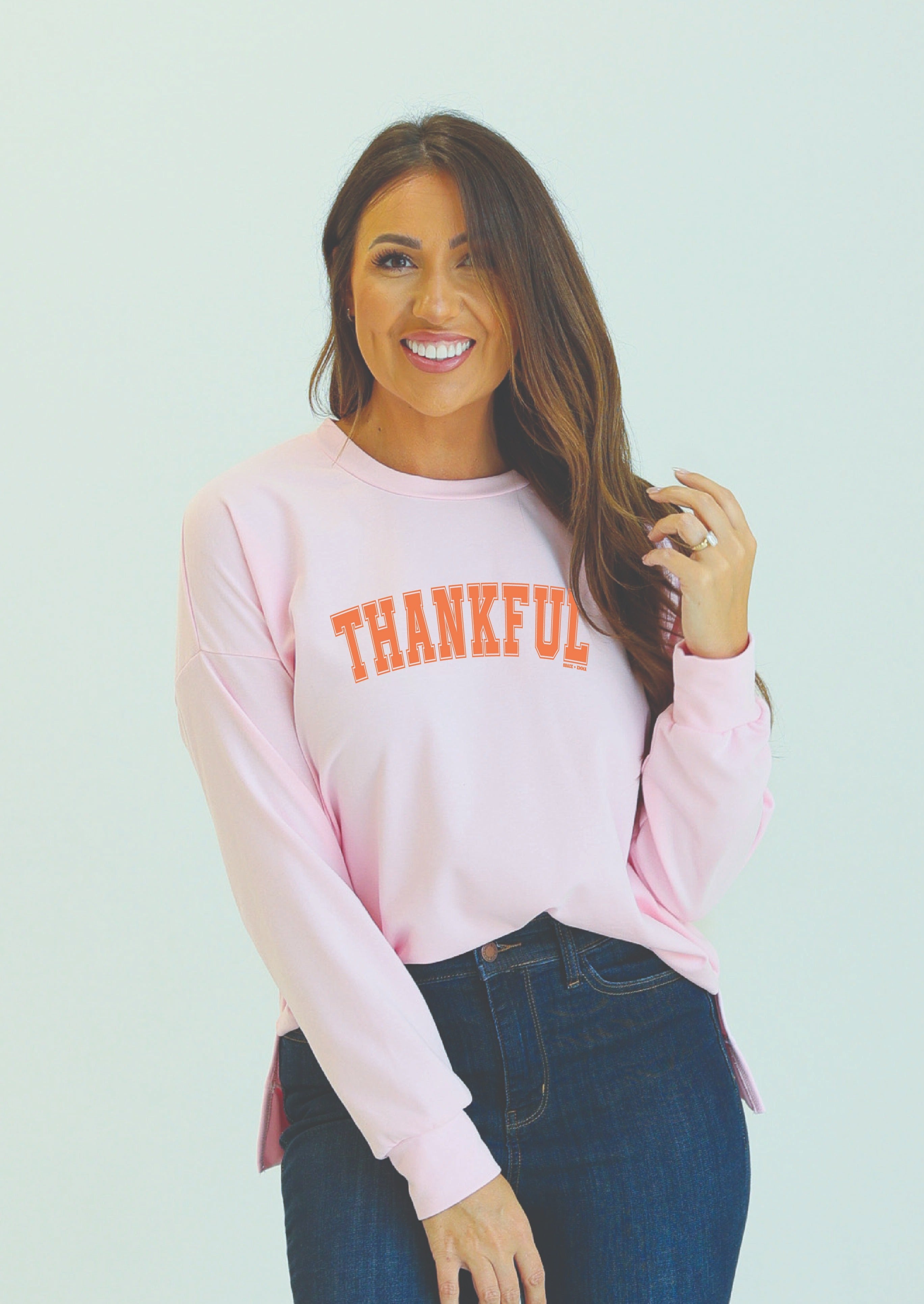 Thankful on Pink French Terry Sweatshirt