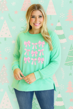 Christmas Ribbon Bow on Micro Fleece Crewneck, Sea Foam