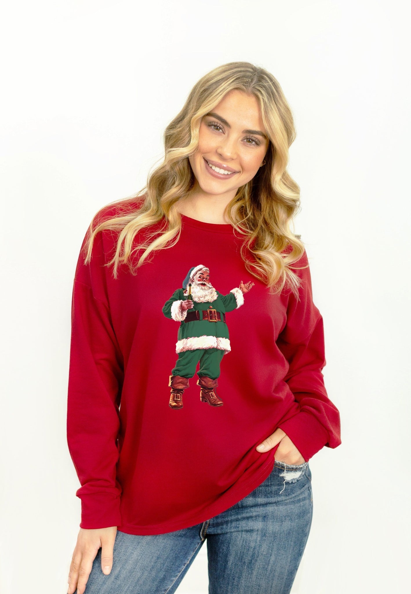 Santa With Champagne on French Terry Crewneck, Maroon