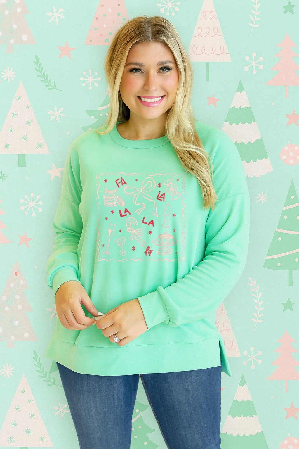 Fa La La La on Green Micro Fleece Crewneck, Sea Foam