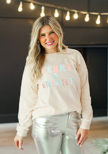Merry & Bright on Micro Fleece Crewneck, Ivory