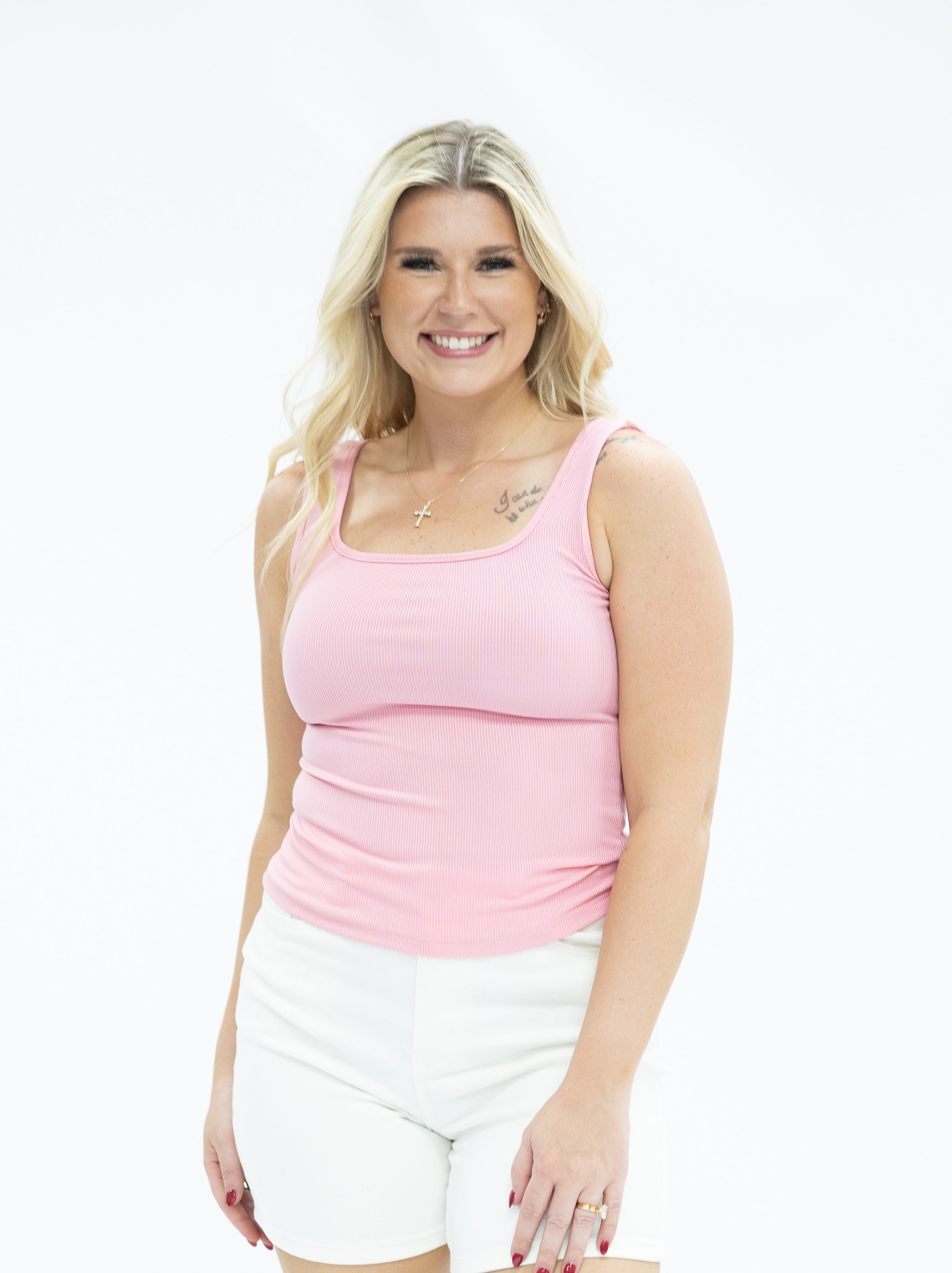 Bella Square Neck Rib Knit Tank Top, Light Pink