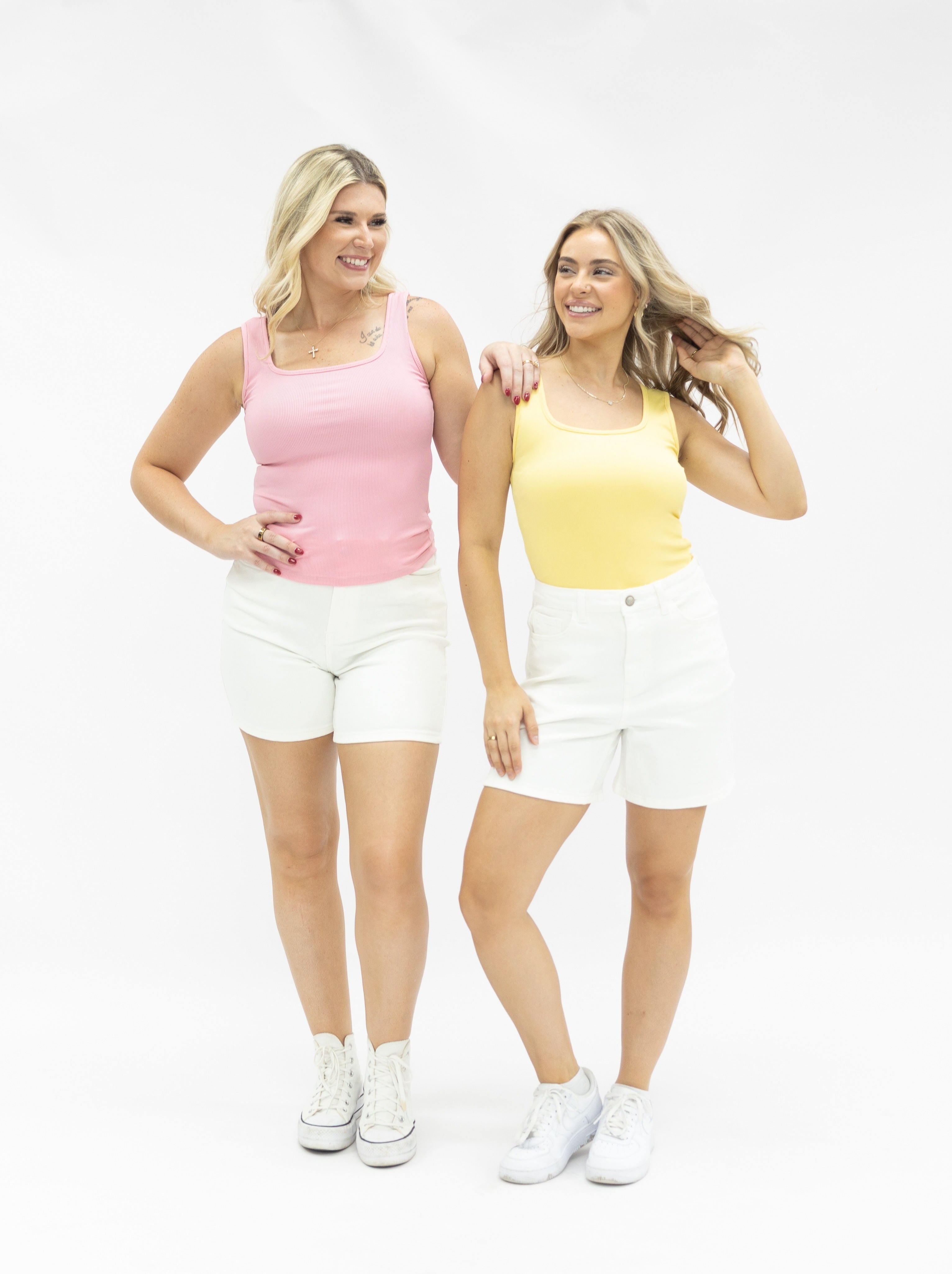 Bella Square Neck Rib Knit Tank Top, Light Pink
