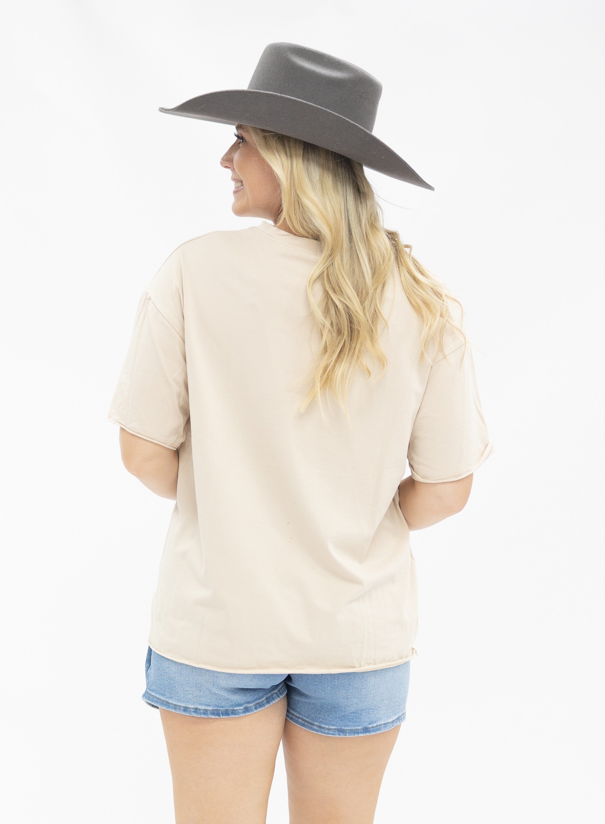 Western Checkered Elements on Beige Boxy Tee