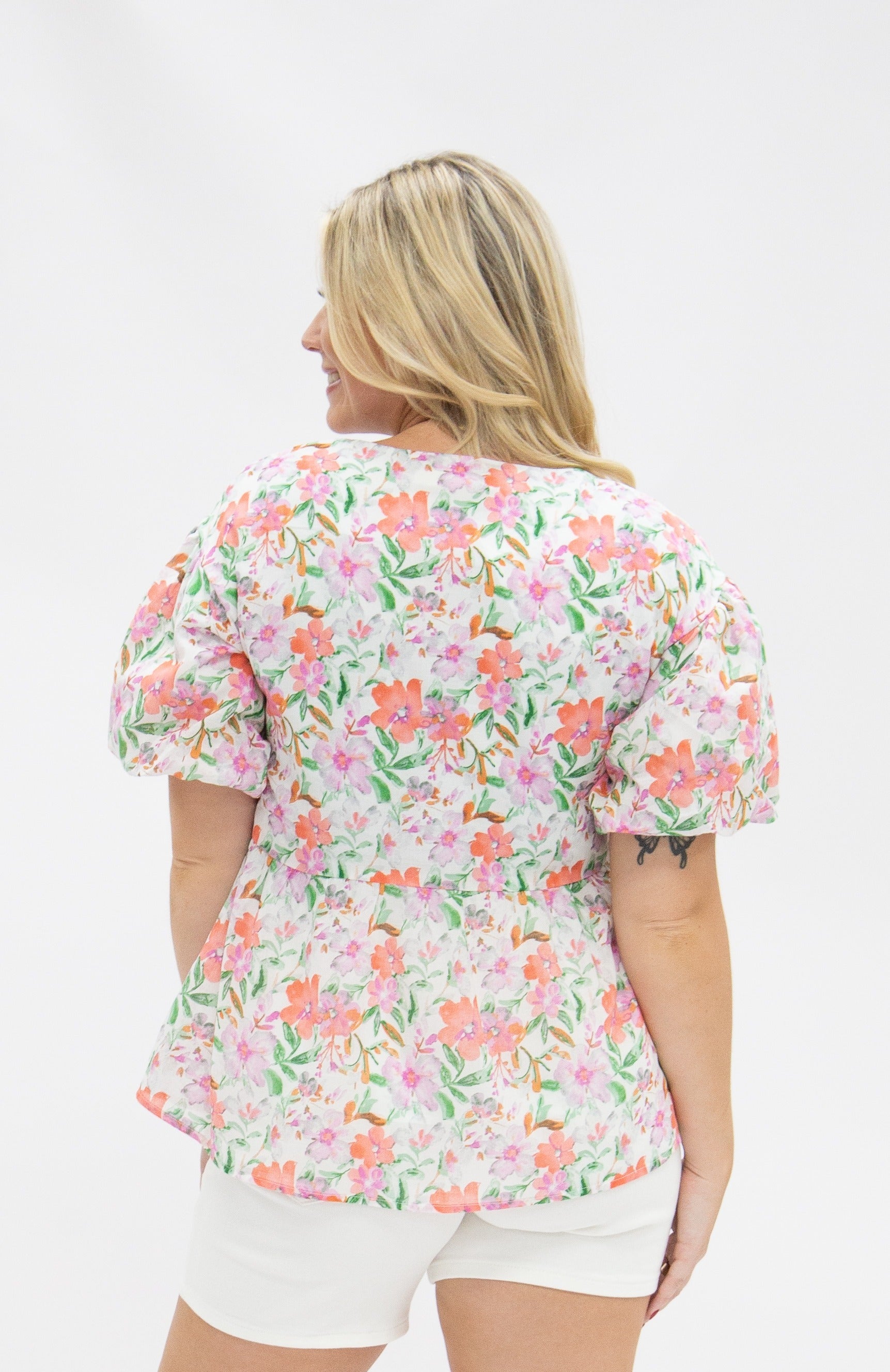 Puff Sleeve Blouse, Watercolor Flowers