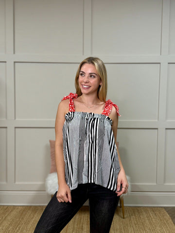 The Carry On Tie Strap Tank Top, Stripes & Red Floral