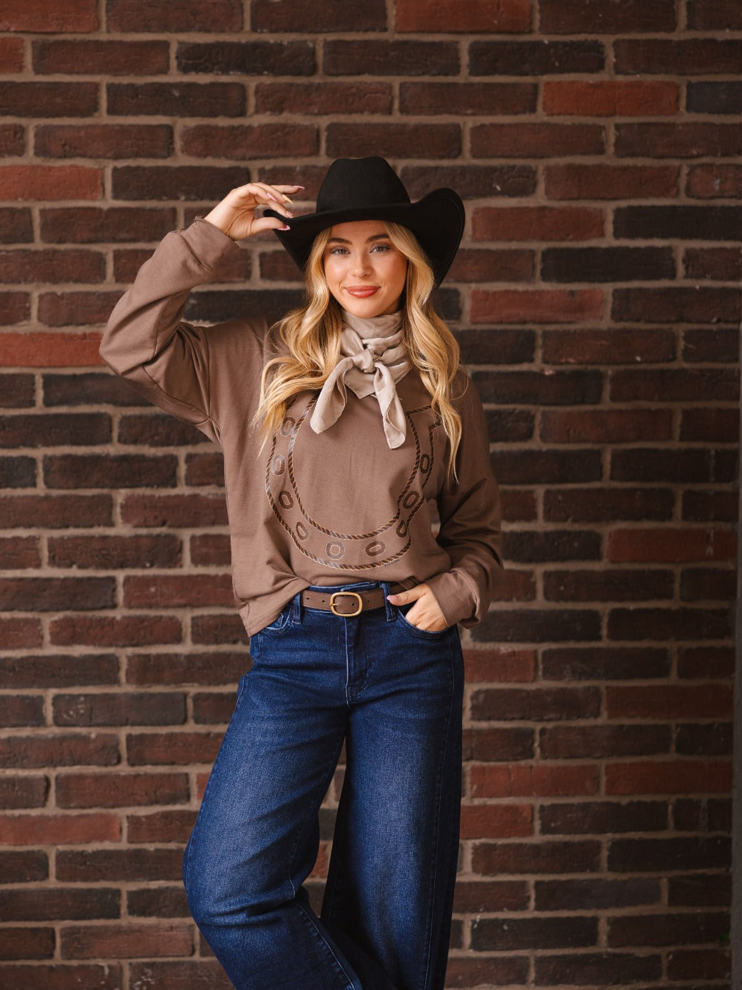 Horse Shoe on Light Weight Sweatshirt, Mocha