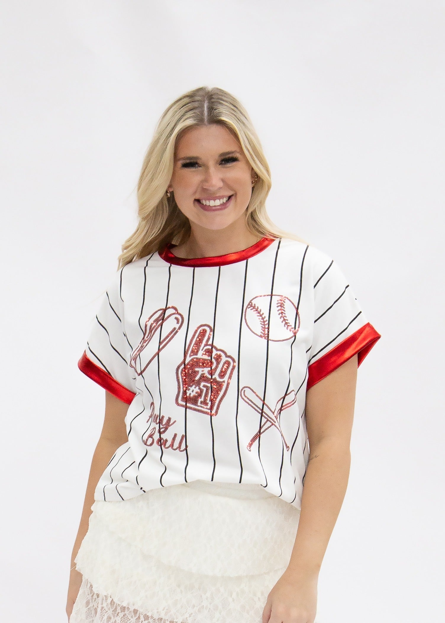 Basball Glitter Elements on White Striped Top